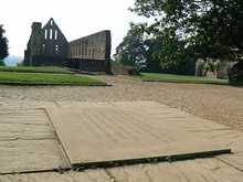 Picture of plaque at Battle Abbey, the traditional site of the High Altar of Battle Abbey founded to commemorate the victory of Duke William on 14 October 1066. The high altar was placed to mark the spot where King Harold died.