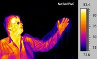 A comparison of a thermal image (top) and an ordinary photograph (bottom). The plastic bag is mostly transparent to long-wavelength infrared, but the man's glasses are opaque.