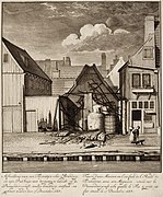 A partially burned down turpentine oil burner on the Passeerdersgracht (1690).