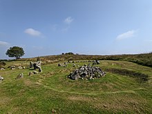 A cairn at Beaghmore, County Tyrone on a sunny day.