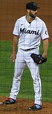 Anthony Bass (left) in the current home uniform; Dylan Floro (middle) in the current road uniform; Edward Cabrera (right) in the 2019–2023 black alternate uniform