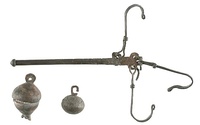 Roman steelyard balance with two bronze weights, 50–200 AD, Gallo-Roman Museum, Tongeren, Belgium