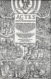 A photograph of the wood block print of the Book of Martyrs. The book's title is in the centre and various scenes from the book are depicted around it.