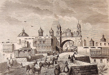 Puente de Piedra Bridge, the former Arco del Puente Gate and the Walls of Lima in 1878 by El Viajero Ilustrado. Old Fund of the University of Seville.[34]