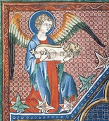 (Left): An angel as a citoler (citole player) in the English Psalter of Robert De Lisle, c. 1310; (right): Castile/Spain, c. 1300–1340. The left instrument has been called both citole and guitarra latina. It seems to lack the citole's deep neck, trefoil, and vestigial wings, but the body shape resembles the citole, and it has the sound holes in each corner and the circle of sound holes in the center. Right instrument has been called guitarra morisca.