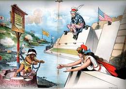 Columbia (representing the American people) reaches out to oppressed Cuba with blindfolded Uncle Sam in background (Judge, February 6, 1897; cartoon by Grant E. Hamilton).
