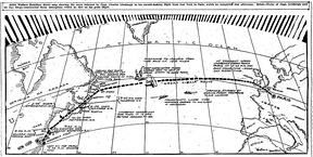 Map of Lindbergh's route on the May 21, 1927 front page of the San Diego Evening Tribune, by artist Wallace Hamilton