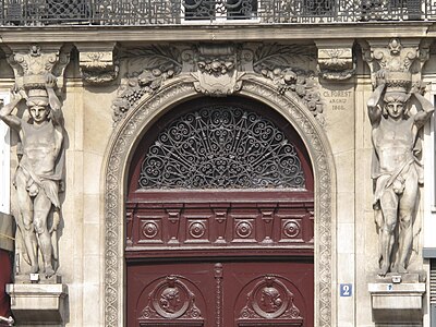 Neoclassical atlantes of Place d'Estienne-d'Orves no. 2, Paris, sculptor Joseph Caillé and architect Ch. Forest, 1866