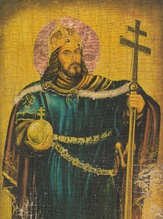 Retrato simbólico de Esteban con sus atributos de santo: la corona, el cetro y el orbe.