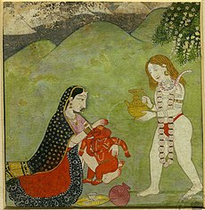 Bala Ganapati being bathed by his parents, 18th century Kangra painting