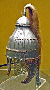 Colour photograph of a reconstruction of the Lamellenhelm from Niederstotzingen