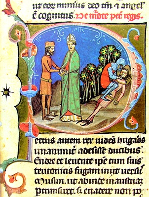 Chronicon Pictum, Hungarian, Hungary, King Peter Orseolo, King Andrew, crown, priest, bishop, blinding, medieval, chronicle, book, illumination, illustration, history