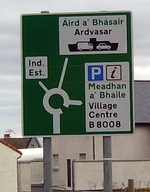 Scottish Gaelic and English are both used on road signs – such as this one in the village of Mallaig – throughout the Highlands and Islands of Scotland