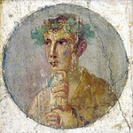 Roman portraiture frescos from Pompeii, 1st century AD, depicting two different men wearing laurel wreaths, one holding the rotulus (left), the other a volumen (right).