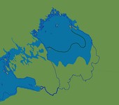 El lago Ladoga como parte del lago Ancylus (entre 9300 y 9200 años antes del presente). La línea verde oscura marca la costa sur del lago Ladoga durante la etapa Yoldia de la cuenca del Báltico.
