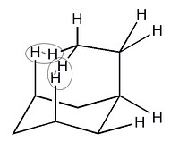 The dashed lines  indicate 6-atom  interactions found in this conformation of ethyl cyclohexane, which  amounts to approximately 2.7 kcal/mol (11 kJ/mol) in the enthalpic term of Free  Energy.