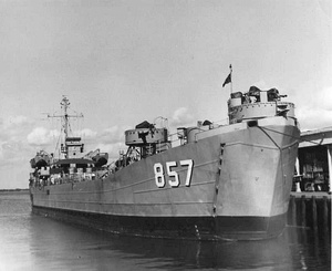 LST-857 moored pier side, date and place unknown