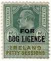 Великобритания (1903): портрет Эдуарда VII, с надпечаткой «Petty Sessions» («малых сессий[англ.]») для использования в Ирландии (дополнительная надпечатка «Dog Licence» («Регистрационное свидетельство на собаку[англ.]»)