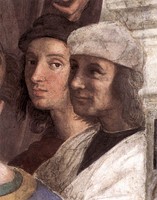 Self-portrait, Raphael in the background, from The School of Athens