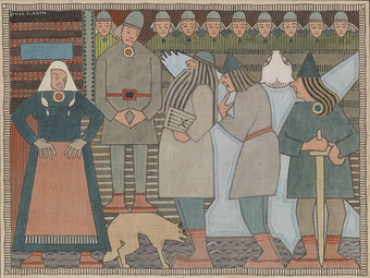Arrival of Väinämöinen, Ilmarinen and Lemminkäinen at Pohjola, tempera by Joseph Alanen [fi]
