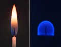 A comparison between the combustion of a candle on Earth (left) and in a microgravity environment, such as that found on the ISS (right).