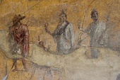 Anubis, Harpocrates, Isis and Serapis, antique fresco in Pompeii, Italy