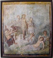 Дионис обнаруживает Ариадну, спящую рядом с Гипносом. Фрески из Помпей 