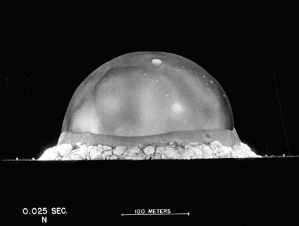 The Trinity explosion, 25 ms after detonation. The viewed fireball hemisphere's highest point in this image is about 200 metres (660 ft) high.