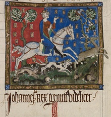 An illuminated picture of King John riding a white horse and accompanied by four hounds. The king is chasing a stag, and several rabbits can be seen at the bottom of the picture.