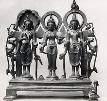 Above: 11th-century art showing Balarama with Subhadra and Vāsudeva (Krishna). Below: Abstract icons of the three in the Jagannath tradition.