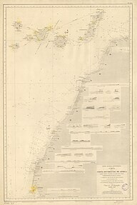 Mapas de las posesiones españolas en el entonces Río de Oro (parte de la colonia del Sáhara Español) en 1896 (izquierda) y en el Golfo de Guinea en 1897, antes del Tratado de París de 1900 que pondría los límites definitivos con las colonias colindantes del imperio colonial francés.