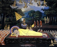 A mural of Gautama Buddha gaining nirvana; Wat Botum