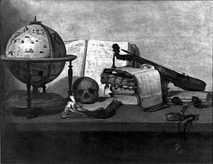 A black and white image of a painting showing, from left to right, a globe, skull, several books, some jewellery, a violin and a pocket watch lain casually across a grey countertop