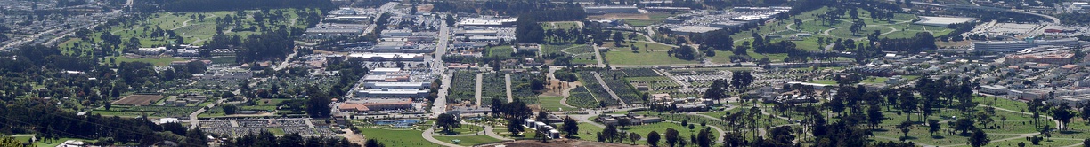  A panoramic view of Colma, California, looking down from San Bruno Mountain