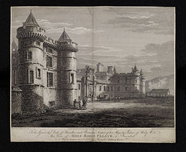 Engraving of Holy Rood Palace by Thomas Hearne, drawn in 1778, engraving published 1800.