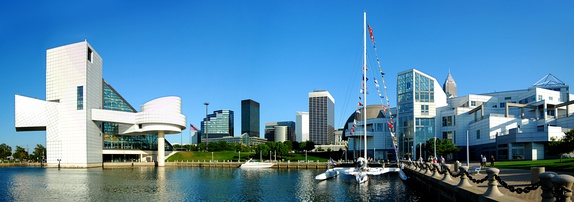  The Rock and Roll Hall of Fame (left) sits on the Lake Erie shore next to the Great Lakes Science Center (right) in Cleveland's North Coast Harbor.