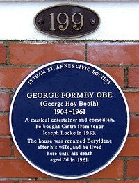 Blue plaque at Formby's house Beryledene, Inner Promenade, Lytham St Annes, Lancashire