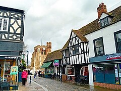 St Mary's Church from Market Place in Hitchin, the district's largest town