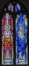 Stained glass of the four archangels, at the Anglican Church of St James, Grimsby. From left to right: Raphael, Michael, Uriel, and Gabriel