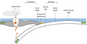 Trench fill sedimentary basin in the context of a convergent plate boundary