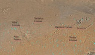 Map of Arcadia quadrangle with major features labeled. Several large fossae are indicated on the map