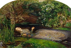 Ejemplos de la pintura prerrafaelita: El pastor distraído (1851) de William Holmant Hunt, La muerte del rey Arturo (1860) de James Archer y Ofelia (1852) de John Everett Millais.