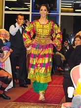 Women's traditional clothing varies across cultures. From left to right: Afghan model wearing traditional Afghan dress and Japanese women wearing kimono.