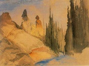 Left: Thomas Moran painted Tower Creek while on the Hayden Geological Survey of 1871. Right: Travertine Terrace, Mammoth Hot Springs