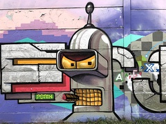 Graffiti of the character Bender on a wall in Budapest, Hungary