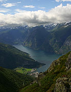 View of Aurlandsfjord and Flåm from a nearby summit