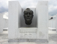 Bust of Franklin D. Roosevelt (top) and a quote from his 1941 Four Freedoms speech (bottom)