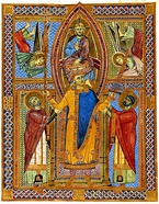 The Essen cross with large enamels with gems and large senkschmelz enamels, c. 1000. Otto II, by the Gregory Master. Apotheosis of Otto III, Liuthar Gospels. Henry II being crowned by Christ, from the Sacramentary of Henry II.