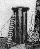 (left) Toroidal 0.175 H loading coil for an AT&T long distance telephone trunkline from New York to Chicago 1922. Each of the 108 twisted pairs in the cable required a coil. The coils were enclosed in an oil-filled steel tank (right) on the telephone pole. The cable required loading coils every 6000 ft (1.83 km).