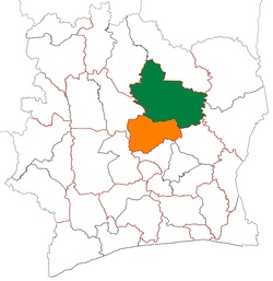 Location of Hambol Region (green) in Ivory Coast and in Vallée du Bandama District